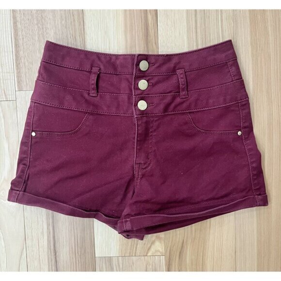 Refuge Stretch High Waisted Shorts Maroon 2 - Picture 1 of 3